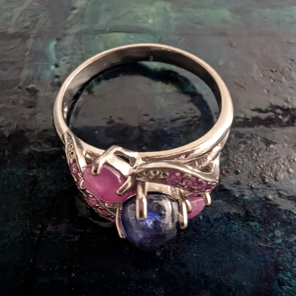 Sterling Silver Natural Blue Sapphire And Pink Sapphire Ring Size 9 - Picture 5 of 9